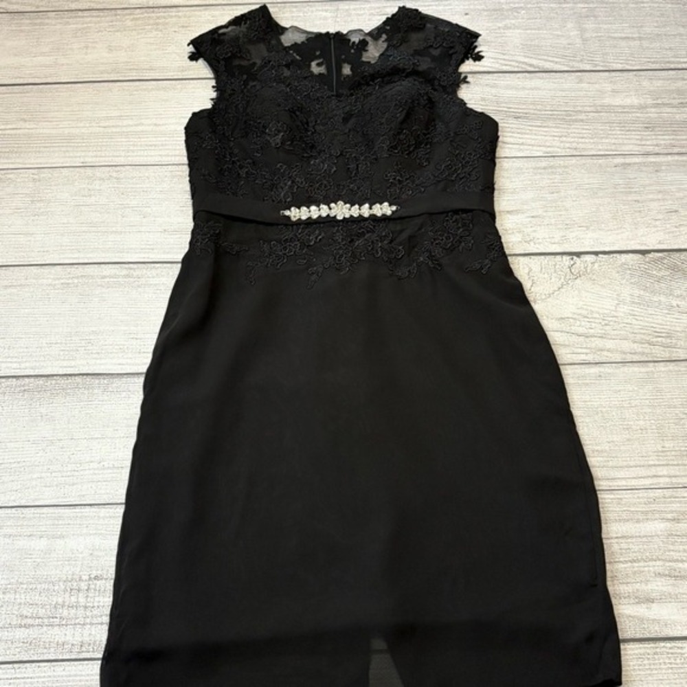 Bespoke Black Lace Bodice Cocktail Dress Rhinestone Beaded Waist Accent Size 14‎